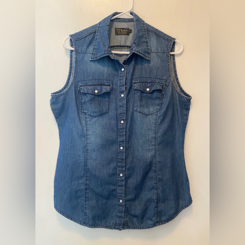 Sleeveless Chambray Button Down